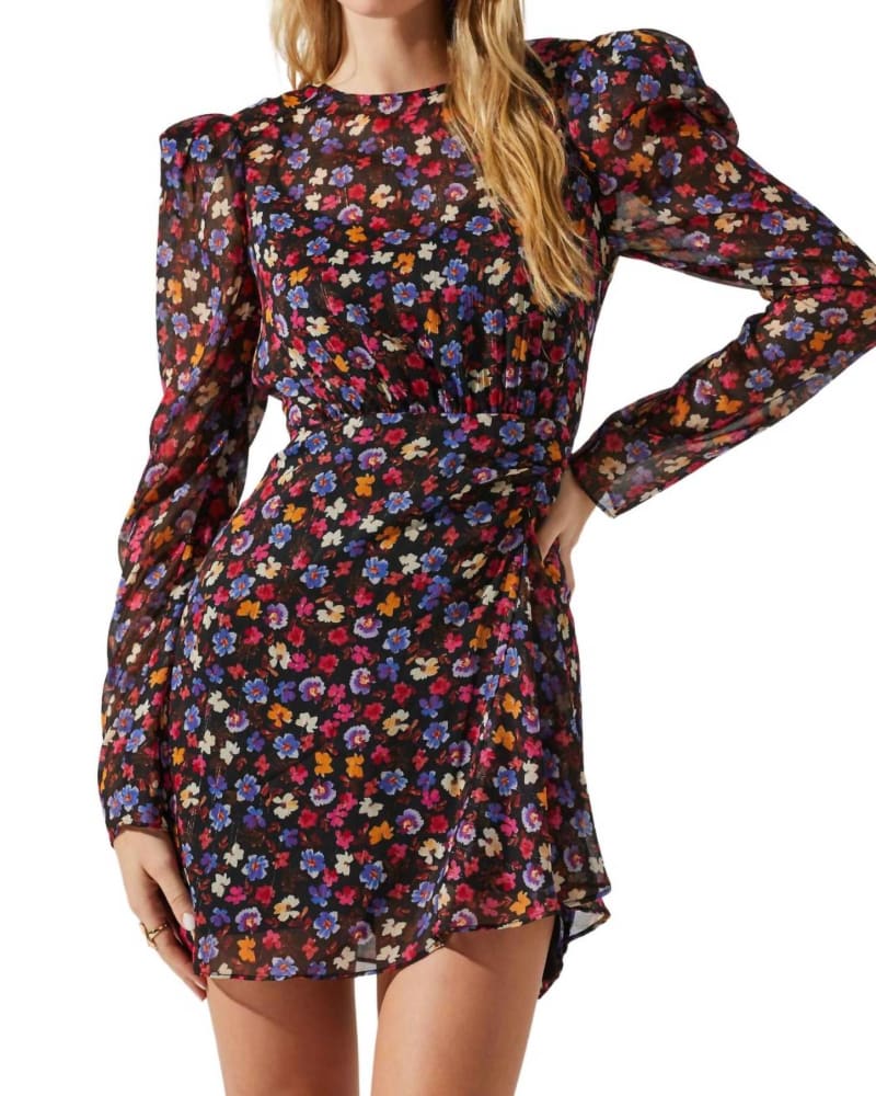 Front of a model wearing a size L Cindy Dress In Blue Red Ditsy in Blue Red Ditsy by ASTR. | dia_product_style_image_id:350243